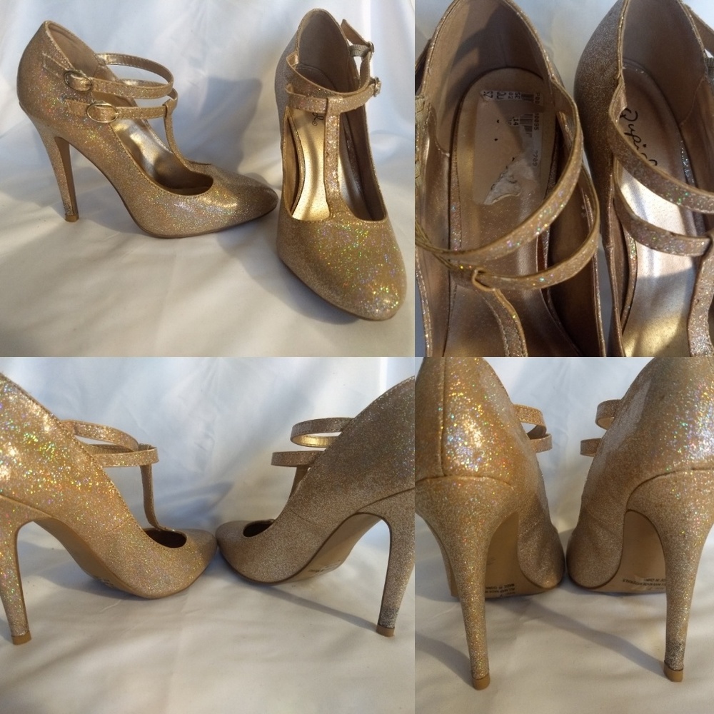 Gold Iridescent Double T Strap Heels